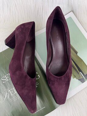 Women's VINCE Ania Almond Toe Pumps Burgundy Suede Block Heels Italy 9.5